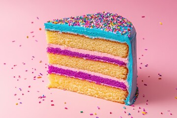 A vibrant slice of layered cake, featuring yellow and pink layers, topped with bright blue frosting and colorful sprinkles, rests on a pink background; scattered sprinkles surround it