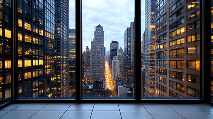 Urban skyline view at twilight, showcasing city lights and modern architecture