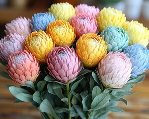 Colorful bouquet of protea flowers with leaves, close up shot. Use as background for cards, stationery, or for design projects.