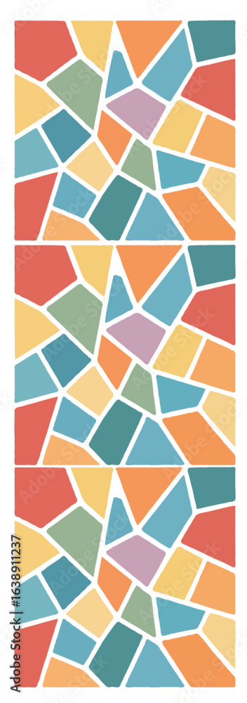 Poster abstract mosaic pattern with colorful geometric shapes on a white background, repeated three times.