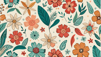 Retro floral pattern with teal orange and cream flowers and leaves vintage
