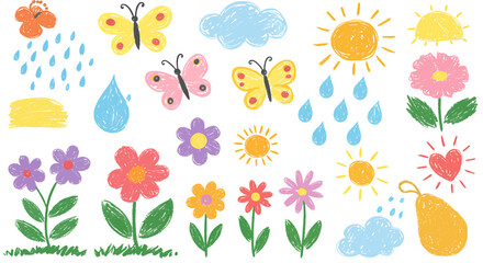Obraz premium Cheerful crayon drawings of flowers, butterflies, sun, and rain.