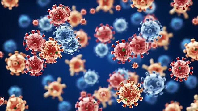 Colorful Virus-Like Particles Floating in a Deep Blue Background Under High Magnification Microscope View