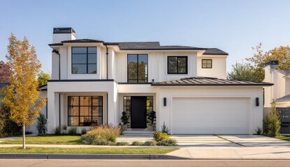 Modern white house, suburban street, autumn trees, driveway. Real estate listing