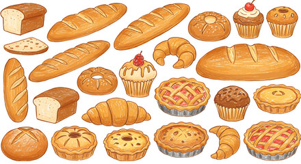 Assortment of freshly baked breads, pastries, and desserts, artfully arranged.