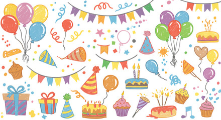 Colorful collection of hand-drawn party supplies, including balloons, streamers, cakes, and hats.