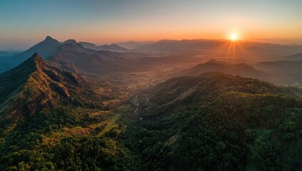 Obraz premium Aerial Sunset View Mountain Range, Valley, Sunrise, Landscape, Nature, Travel, Panorama, Scenic, Asia, Background