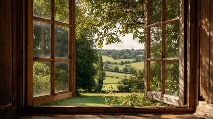 Open Window View of Green Field and Trees on Summer Day