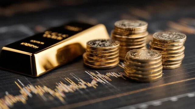 Gold Wealth: A still-life composition showcases a bar of pure gold alongside a stack of gold coins, set against the backdrop of a financial chart, symbolizing wealth, investment.