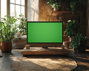 Modern workspace with green screen monitor and indoor plants. Ideal for showcasing websites or applications in natural setting.