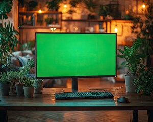 Computer with green screen on wooden desk with plants at home. Use this for mockups, presentations or your creative projects.