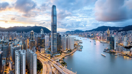 Naklejka premium Stunning cityscape showcases vibrant skyline moody dusk atmosphere, featuring towering buildings