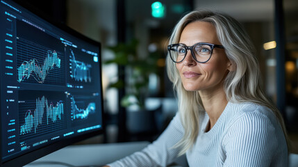 Professional woman analyzing financial data on computer screen, showcasing graphs and charts