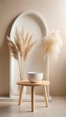 Naklejka premium A minimalist still life composition featuring a small wooden stool with a white ceramic bowl and dried pampas grass in a vase against a neutral background