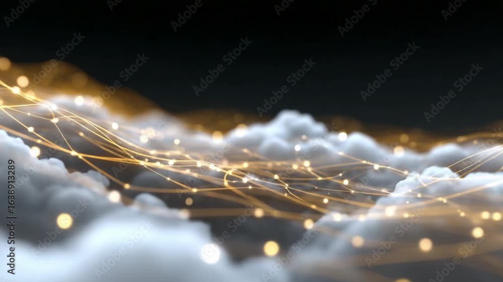 Poster cloud connection: a captivating image depicts glowing connections weaving through a fluffy cloudscap