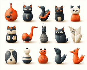 An assortment of handcrafted figurines on a neutral background, cats and birds. Use for art projects, scrapbooks, or promoting handcrafted items for sale.