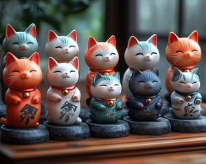 Ten colorful maneki neko figurines sit on smooth stones. Use this image to represent good luck or prosperity for new year's cards.