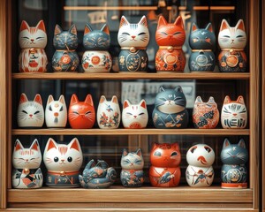 A collection of colorful Maneki Neko figurines are displayed on wooden shelves. Use as an image for Japanese culture, fortune, or decorative product ads.