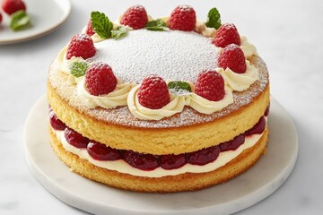 A two-layered sponge cake, filled with raspberry jam and vanilla cream, is decorated with fresh raspberries, piped cream rosettes, and powdered sugar on a marble cake stand