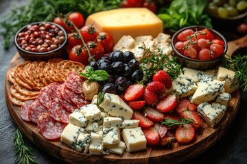 Fototapeta premium A rustic wooden board displays cheese, meat, crackers, and fruits. Great for blog post headers or food and lifestyle articles.
