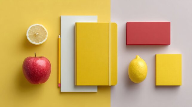 Modern Minimalist Flat Lay with Red Apple Lemon and Yellow Notebook Professional High-Quality Visual for Branding and Digital Marketing Content