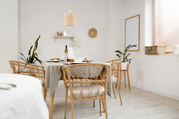 Interior of light restaurant with table