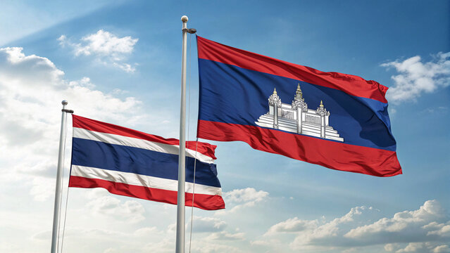 Thailand vs cambodia siam battle khmer country national flag waving blue sky cloudy white background wallpaper military war crisis temple business politic government thailand cambodia asean asia south