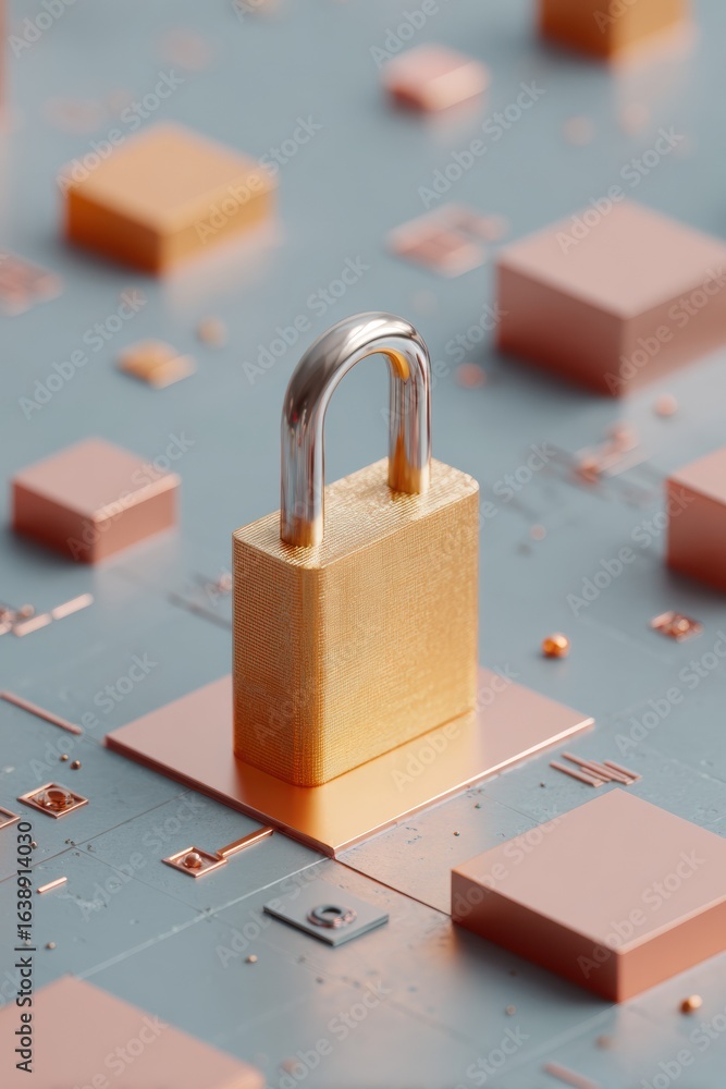 Poster premium high-quality digital security padlock on geometric blocks modern tech encryption concept for