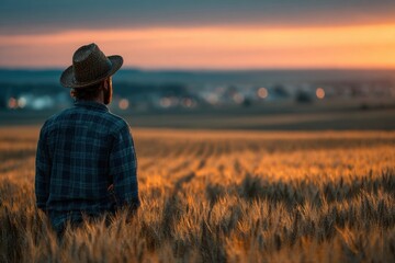 Authentic Farmer at Sunset in Rural Wheat Field Premium Lifestyle Portrait for Agriculture Marketing and Social Media Campaigns