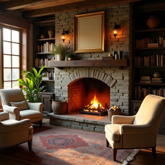 Fototapeta premium A warm, inviting living room with a crackling fireplace, surrounded by plush armchairs and bookshelves. The style is rustic with a touch of farmhouse chic. Soft, golden hour light streams through a la