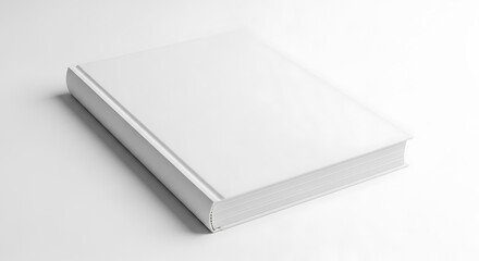 Fototapeta premium A single closed hardcover book with a blank white cover and spine, isolated on a white surface.