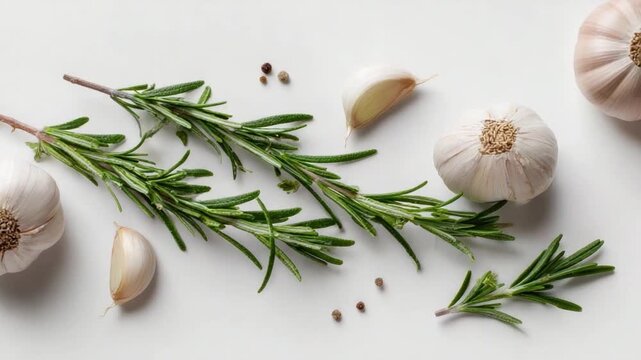 Culinary Elements: Fresh rosemary sprigs, garlic cloves, and peppercorns elegantly arranged, a symphony of aromas and flavors in a captivating display.