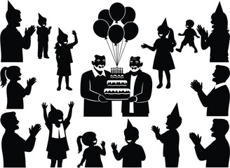 Grandparents day vector art of silhouette of a birthday party with a group of people celebrating isolated on white background vector bundle