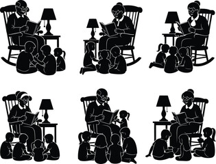 Grandparents day vector art of silhouette illustrations of grandparents reading stories to their grandchildren isolated on white background vector bundle
