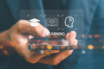 E-learning education, video tutorial, internet lessons and online course application, Businessman...