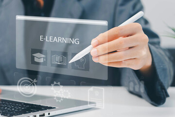 E-learning education, video tutorial, internet lessons and online course application, Businessman or learner using online lessons via laptop on digital screen.