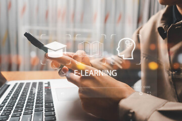 E-learning education, video tutorial, internet lessons and online course application, Businessman...