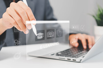 E-learning education, video tutorial, internet lessons and online course application, Businessman or learner using online lessons via laptop on digital screen.