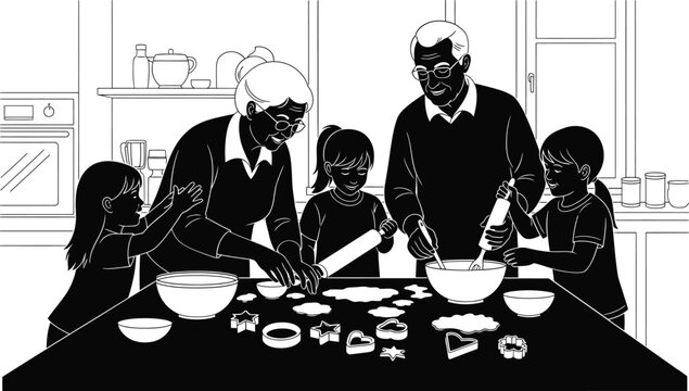 Grandparents day vector art of silhouette of grandparents baking cookies with grandchildren in the kitchen, creating sweet memories and fostering family togetherness vector bundle