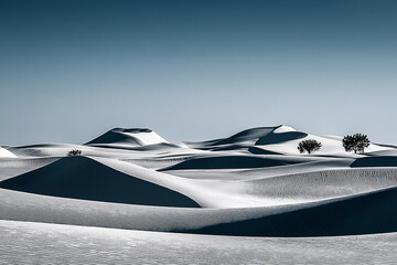 Serene desert landscape showcasing undulating sand dunes under a clear blue sky