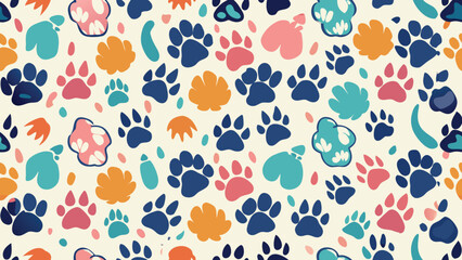 Seamless pattern of colorful dog paw prints and abstract shapes on cream background