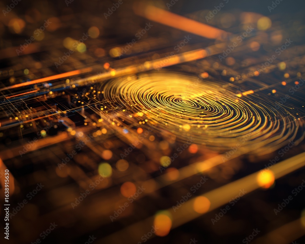 Poster modern biometric fingerprint login with glowing data circuits, premium digital security concept for 