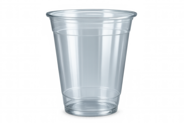 Realistic, empty transparent plastic cup isolated against a clear background, perfect for showcasing beverages in various designs and settings