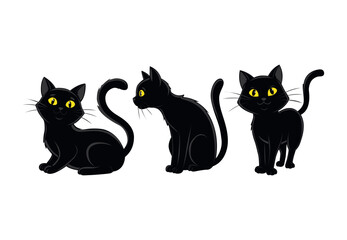 Three black cats sitting in different poses