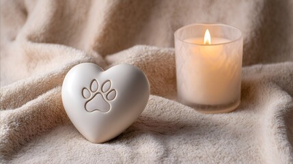 Heart-Shaped Memorial with Paw Print and Candle, Symbolizing Pet Loss, Remembrance, and Love for Animals