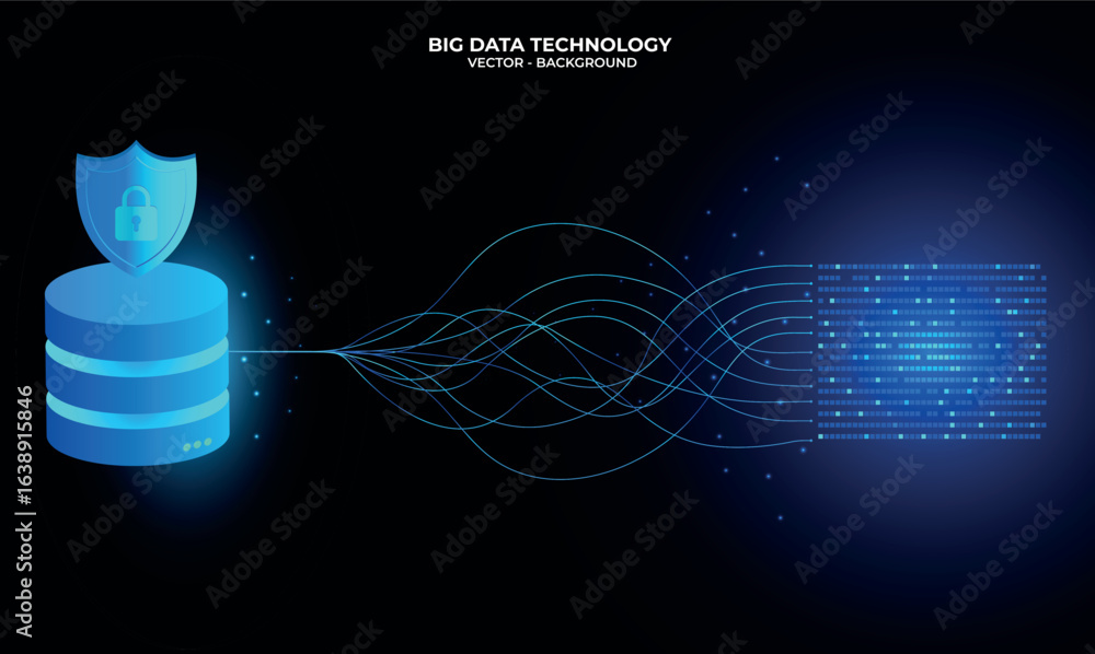 Poster data security server futuristic wavelines fiber and digital data flow in a space with a glowing serv