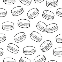 Black and white outline pattern of French macarons scattered on a white background