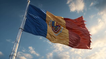 Moldova National Flag Waving on Tall Flagpole in Sky with Clouds – Moldova Independence Day Celebration