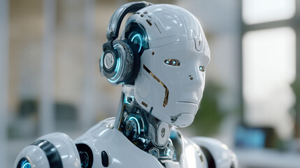 Fototapeta premium Close up shot of a humanoid robot with headphones looking to the side