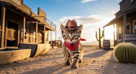 A cute cowboy kitten with a hat and bandana walks confidently in a dusty Western town setting, ready for adventure.